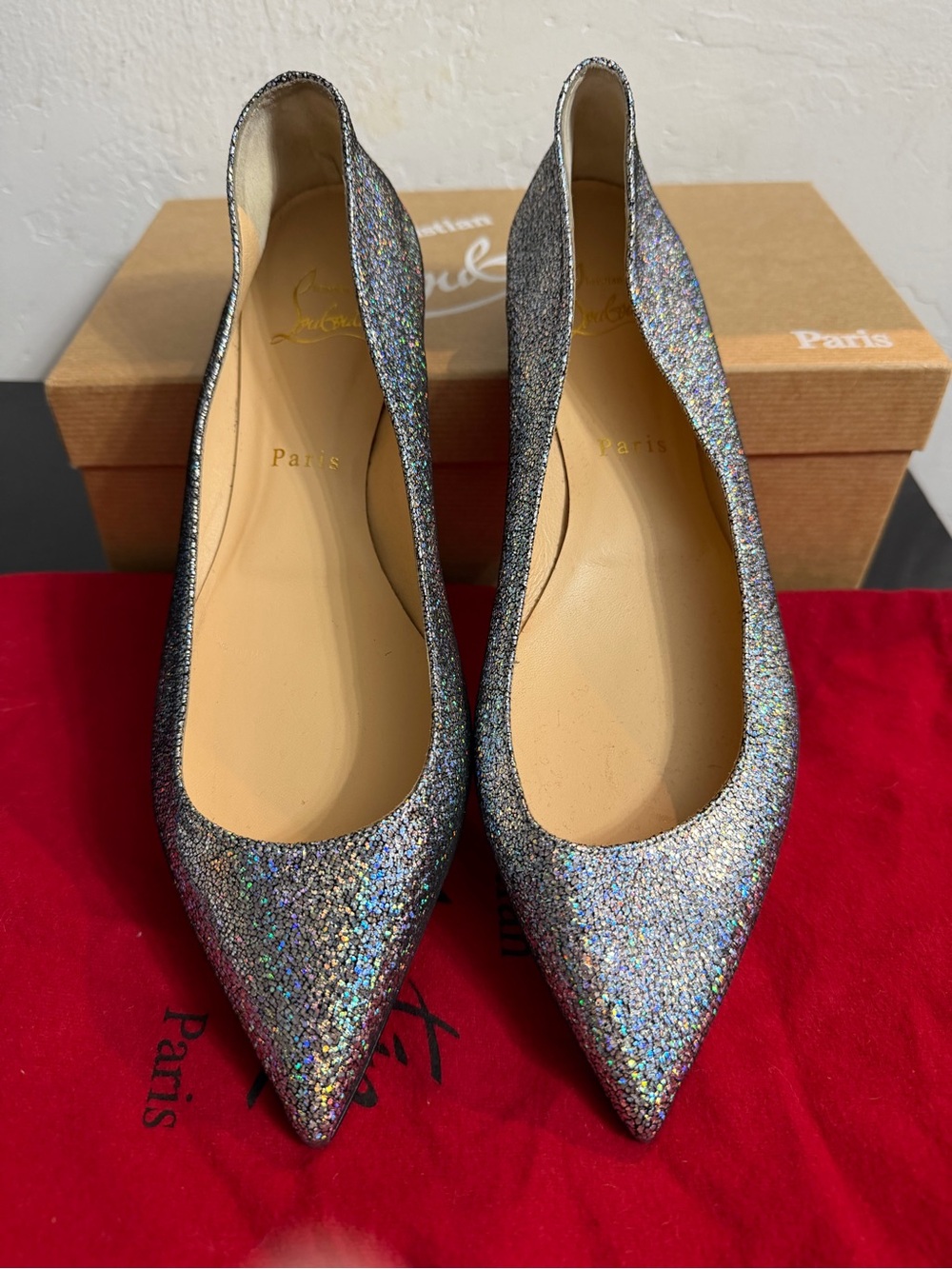 Christian Louboutin Holographic Silver Pointed Ballet Flats